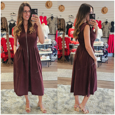 Wine Corduroy Midi Dress With Pockets