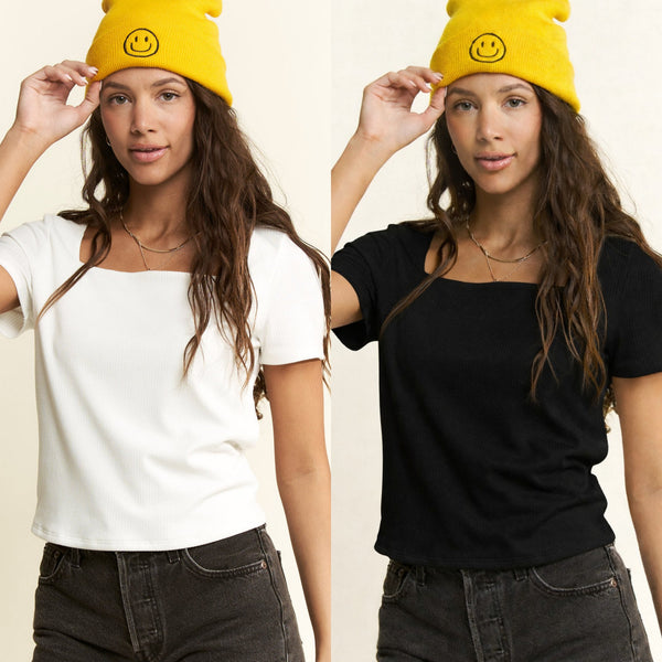 Short Sleeve RIbbed Knit Square Neck