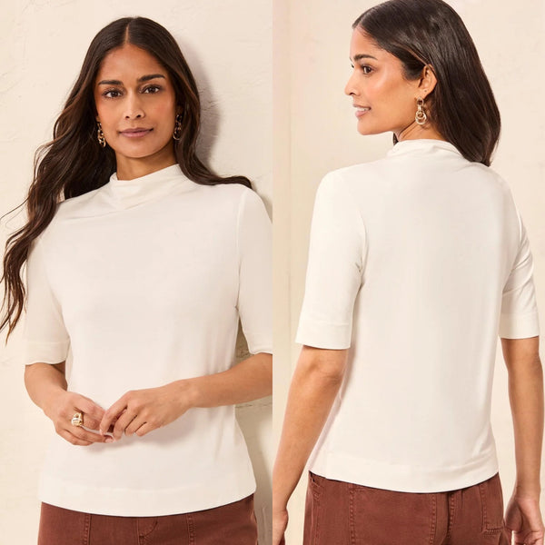 Tribal Cream Funnel Neck Elbow Sleeve Soft Knit