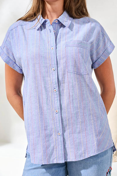 Tribal Button-Front Collard U-Hem Blouse