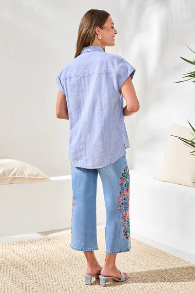 Tribal Button-Front Collard U-Hem Blouse