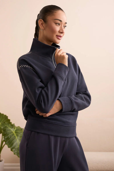 French Terry Stitch-Accent Zip Funnel Neck Sweater