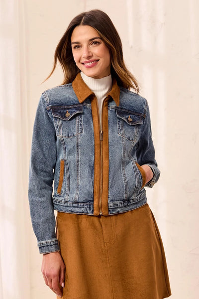 Tribal Retro Denim Jacket With Suede Trim