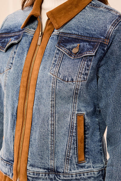 Tribal Retro Denim Jacket With Suede Trim