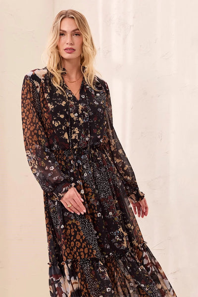 Mixed Print Maxi Dress With Smocked Waist And Tassel-Tie Neck