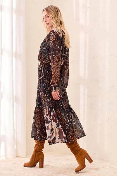 Mixed Print Maxi Dress With Smocked Waist And Tassel-Tie Neck