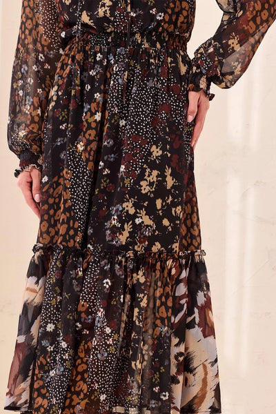 Mixed Print Maxi Dress With Smocked Waist And Tassel-Tie Neck