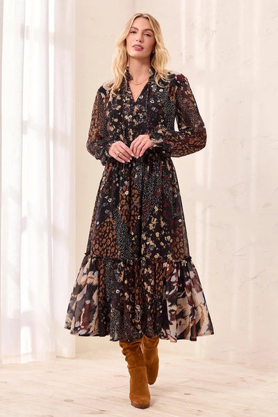 Mixed Print Maxi Dress With Smocked Waist And Tassel-Tie Neck