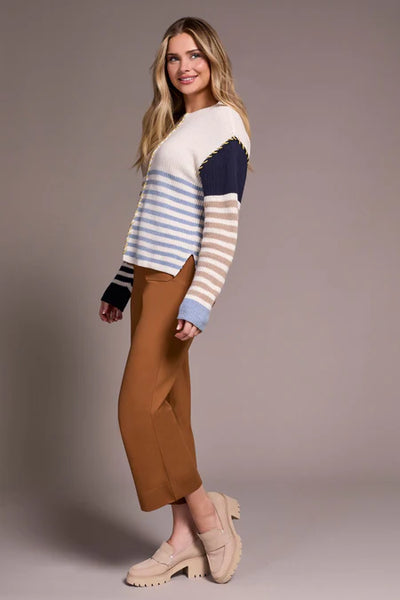 Tribal Multi Stripe Textured Boat Neck Sweater
