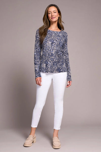 Tribal Printed Cable Cotton Crew Neck Sweater