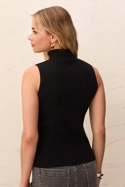 Ribbed Funnel Neck Knit Tank - Black