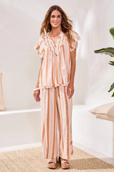 Tribal Linen V-Neck Short-Sleeve Blouse
