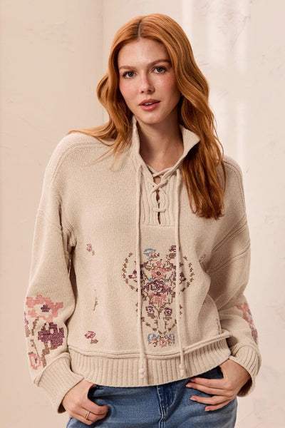 Soft Lace-Up Knit Sweater with Floral Embroidery