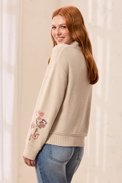 Soft Lace-Up Knit Sweater with Floral Embroidery