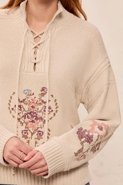 Soft Lace-Up Knit Sweater with Floral Embroidery