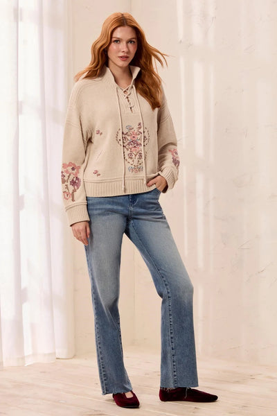 Soft Lace-Up Knit Sweater with Floral Embroidery