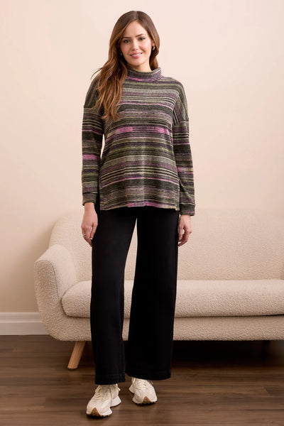 Striped Mock Neck Top With Side Slits