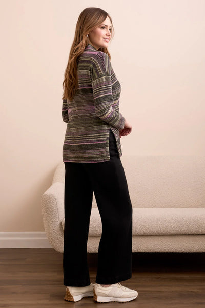 Striped Mock Neck Top With Side Slits