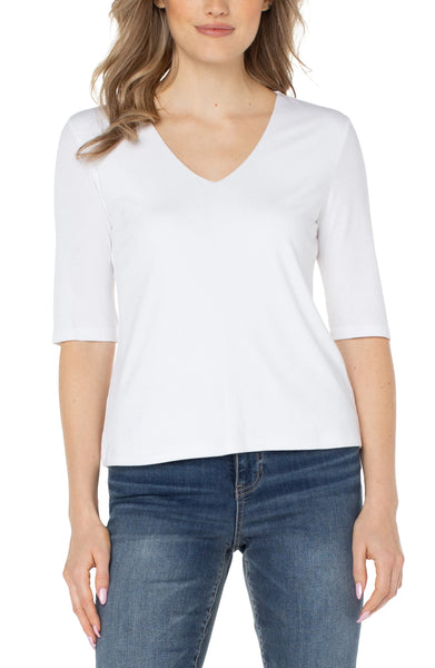 Double Layer V-neck Rib Knit Top Cream