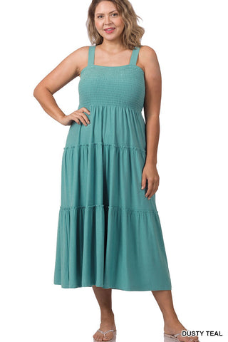 Curvy Dusty Teal Smocked Tiered Dress
