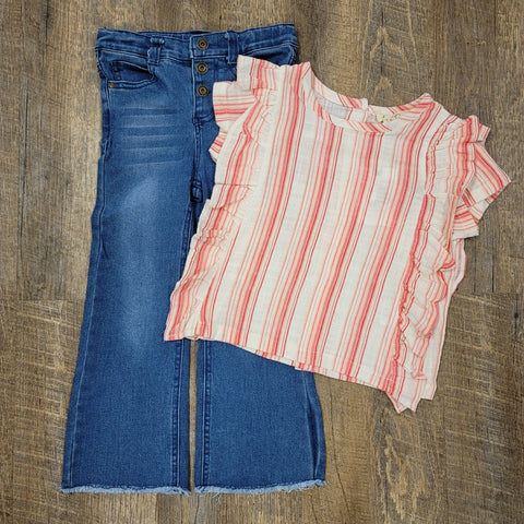 Girls Pink Striped Ruffle Top & Jeans Set