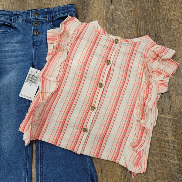 Girls Pink Striped Ruffle Top & Jeans Set