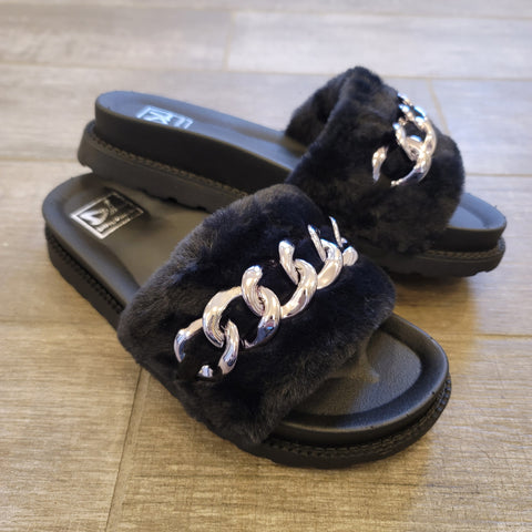 Faux Fur Slide Sandal In Black