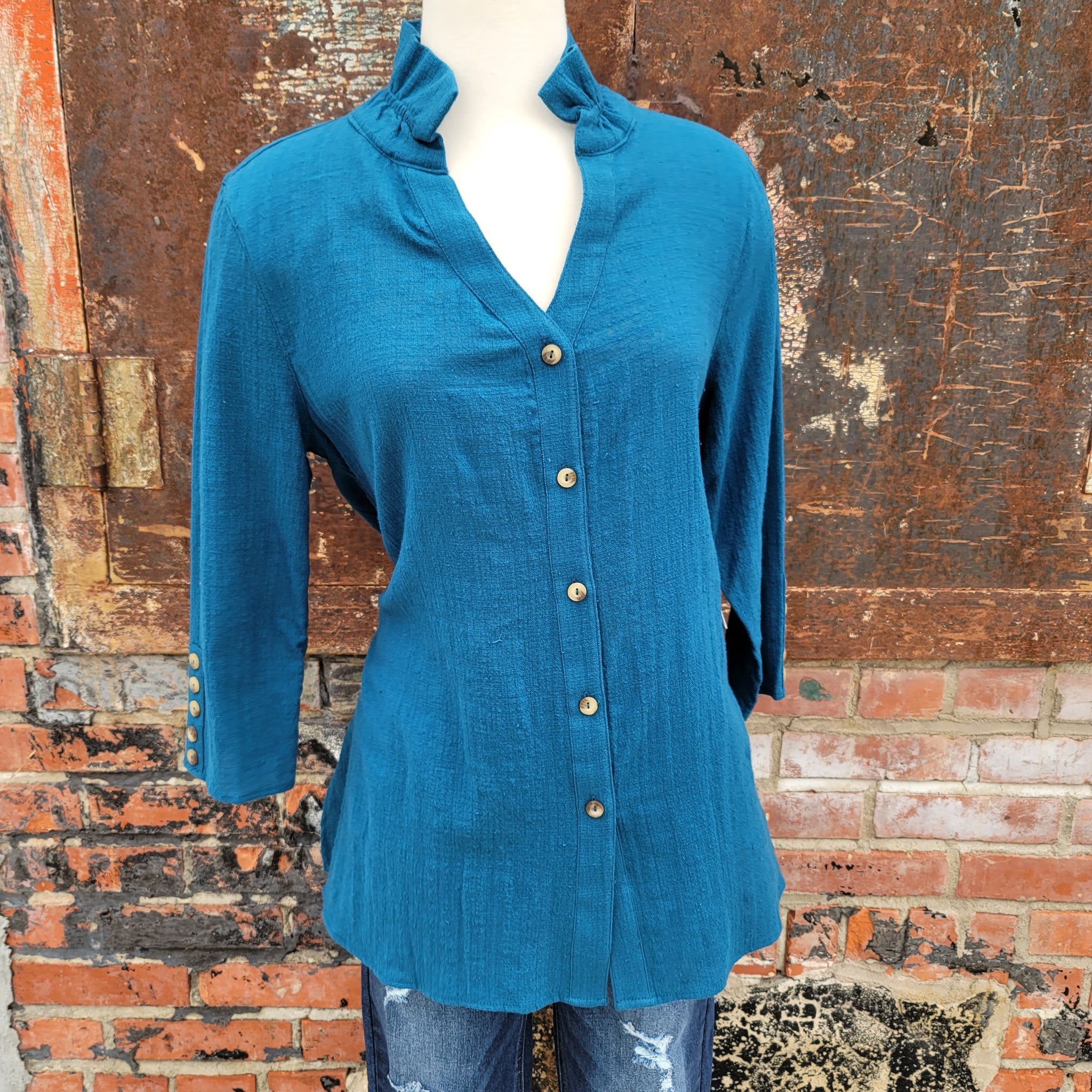 Multiples Y-Neck Turquoise Button Up Front Shirt