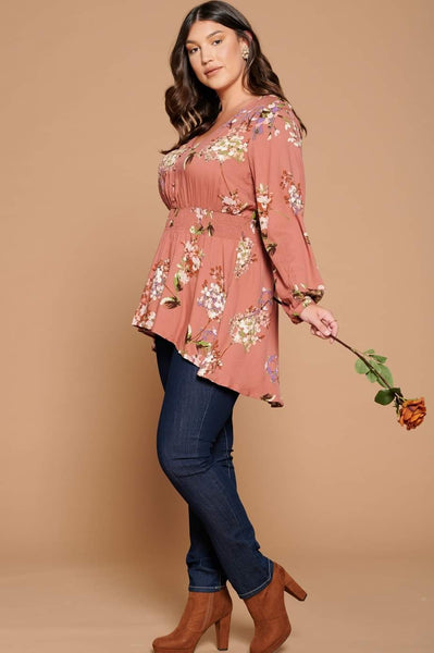 Terra Cotta Long Sleeve Button Down Floral Blouse