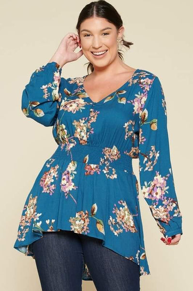 Teal Long Sleeve Button Down Floral Blouse
