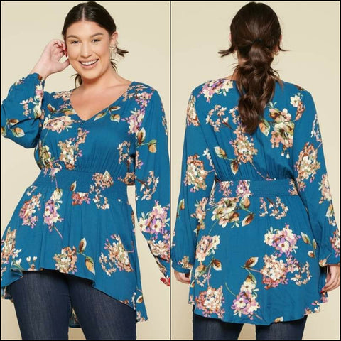 Teal Long Sleeve Button Down Floral Blouse