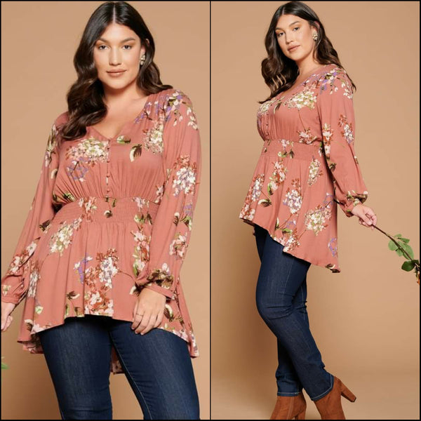 Terra Cotta Long Sleeve Button Down Floral Blouse