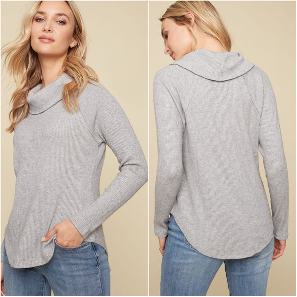 Charlie B. Heather Grey Ribbed Cowl Neck Sweater