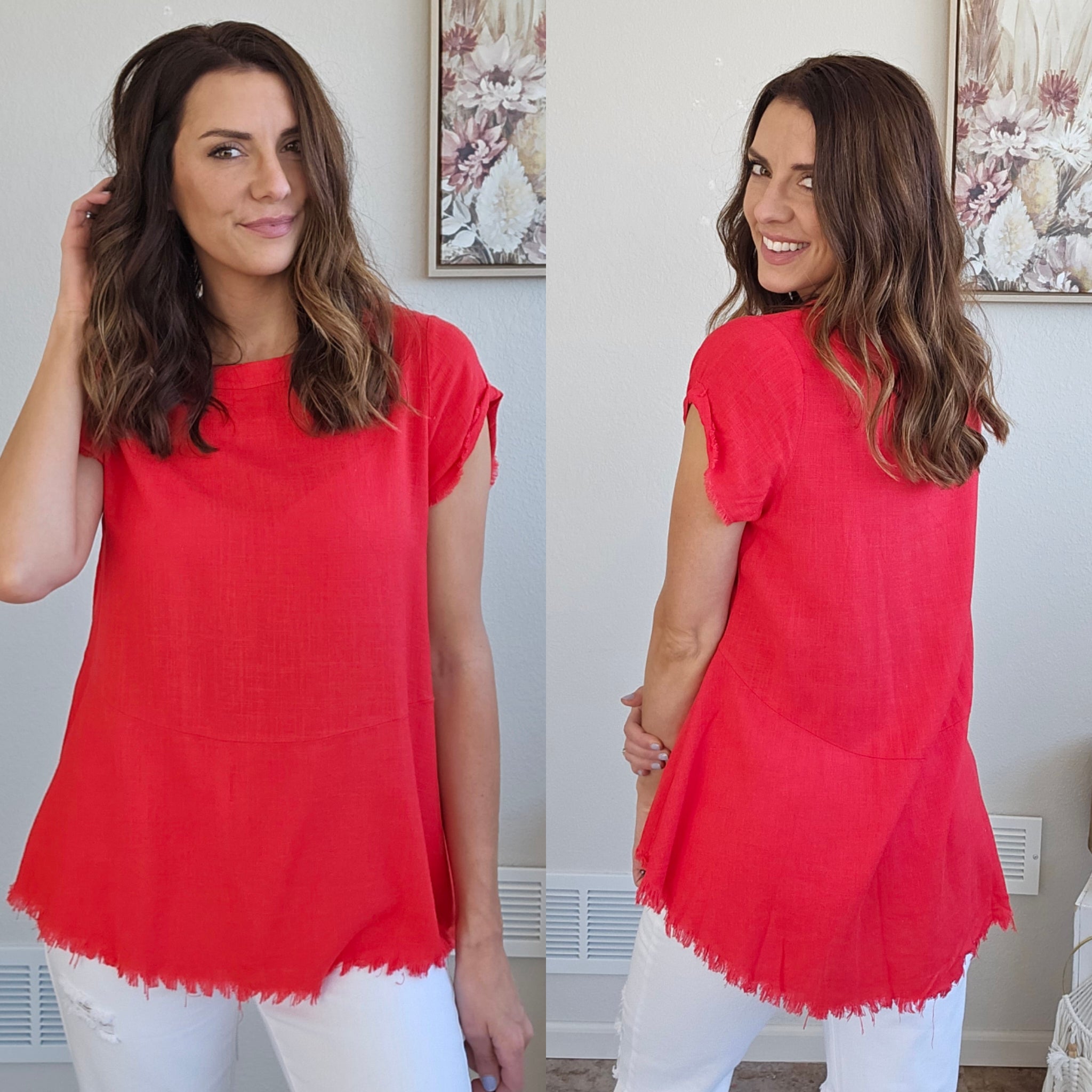 Red Linen Frayed Top