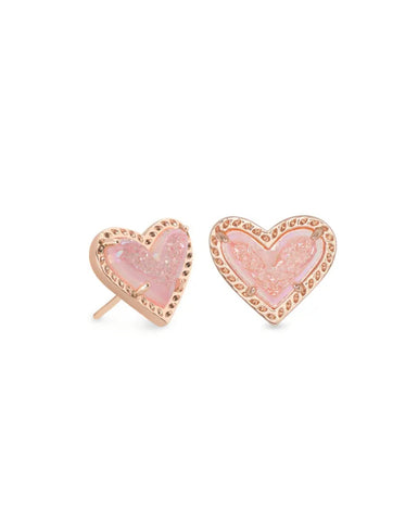 Ari Heart Rose Gold Stud Earrings In Light Pink Drusy